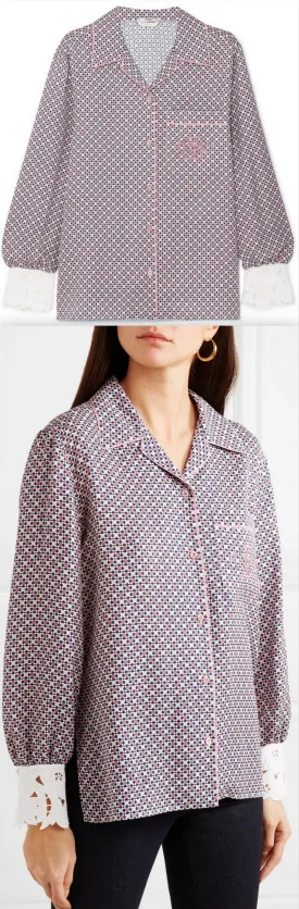 Guipure Lace-Trimmed Printed Silk Blouse