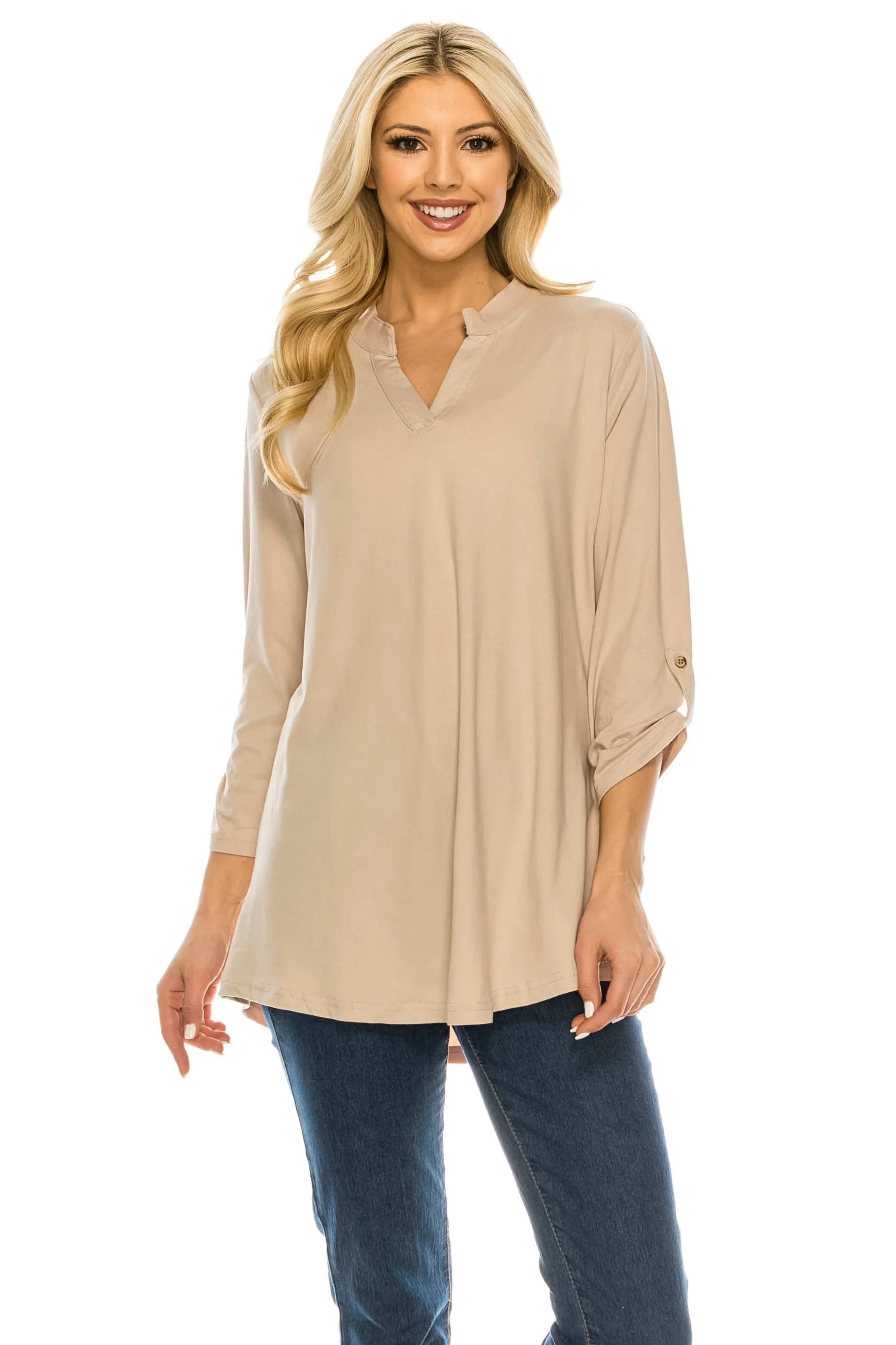 Haute Edition Women's 3/4 Sleeve Tunic Tops S-3X Solid. Plus size available.