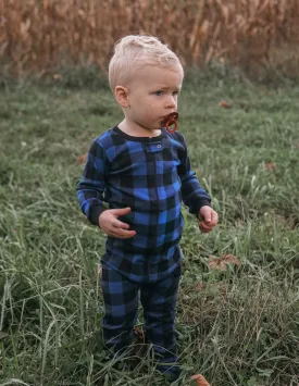 Kid's Footed Black & Navy Plaid Pajamas