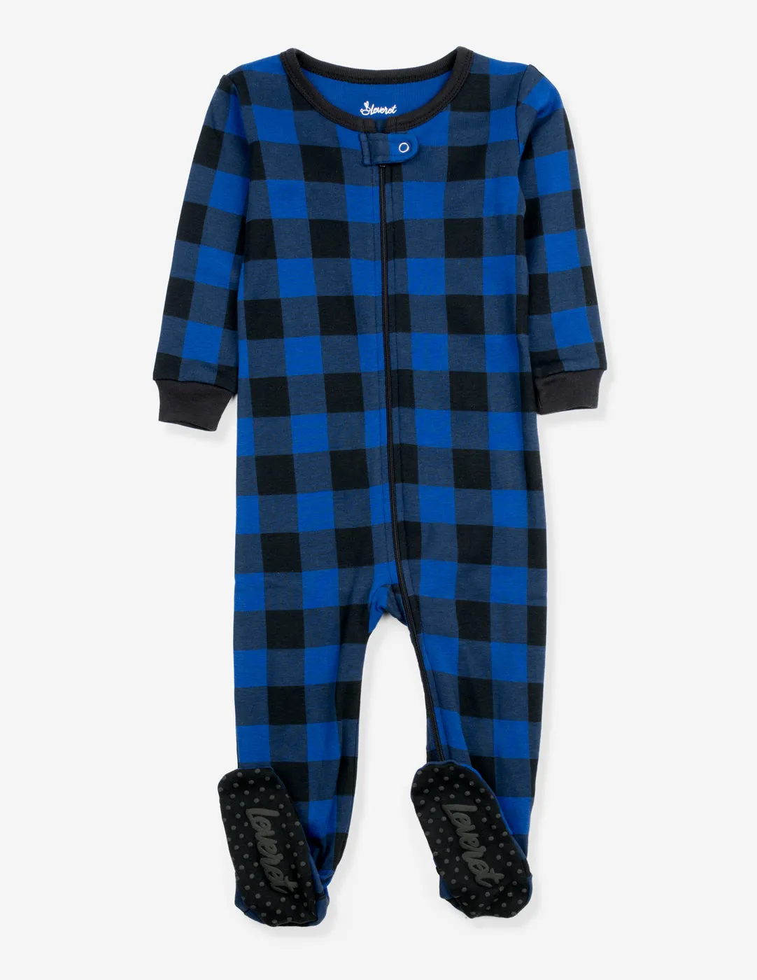 Kid's Footed Black & Navy Plaid Pajamas