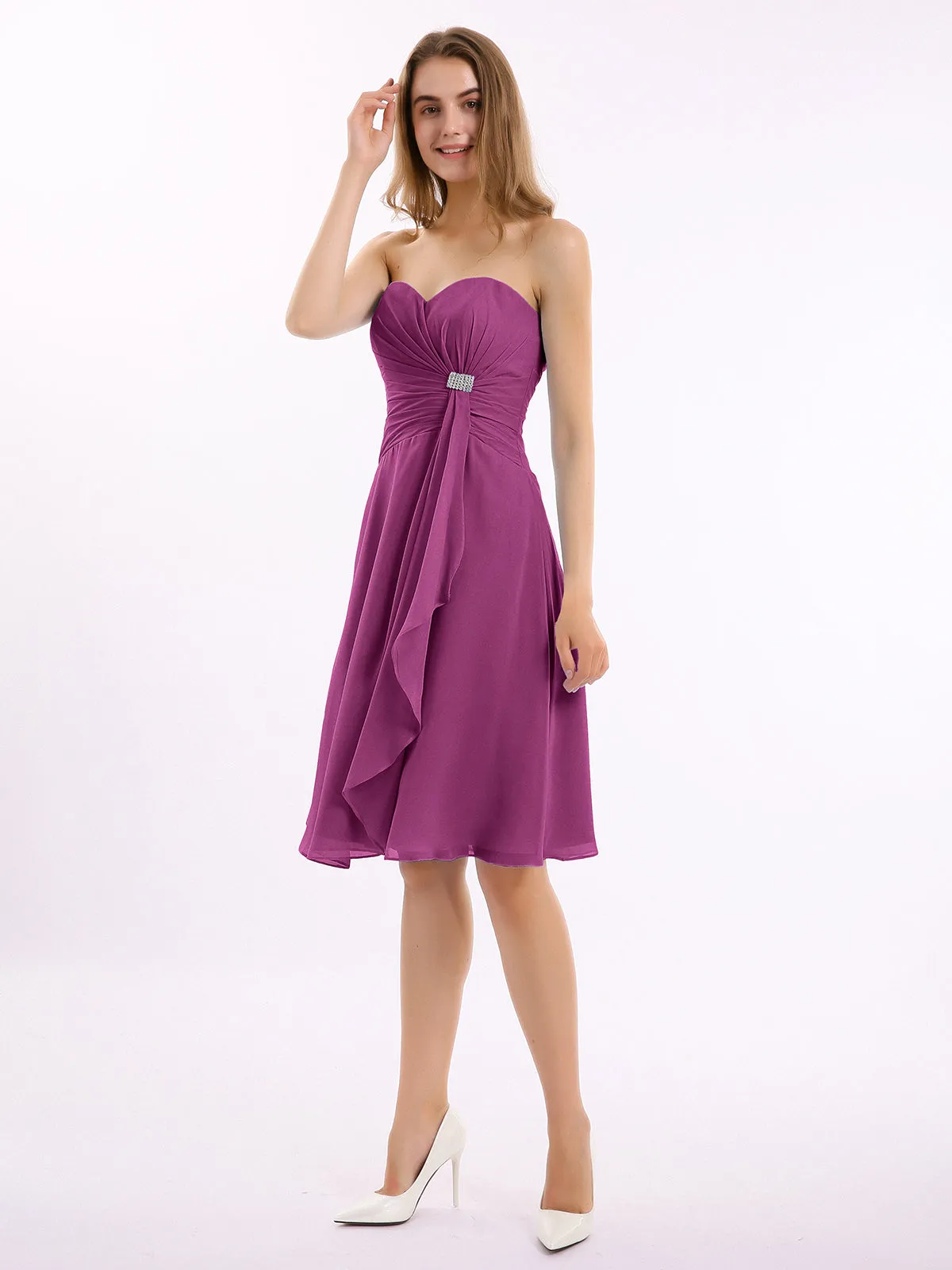 Knee Length Chiffon Dress with Sweetheart Neck-Orchid