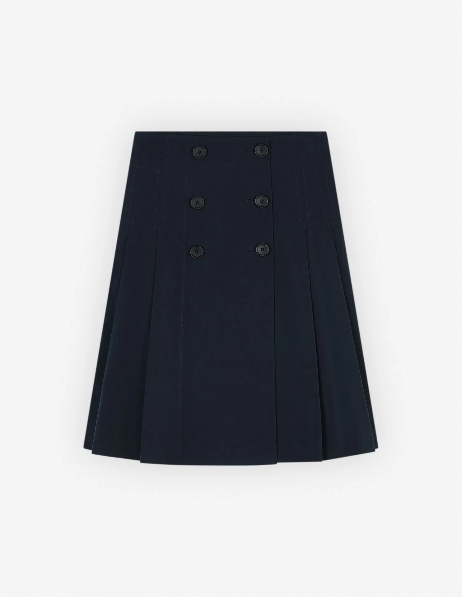 Knee Pleated Wrap Skirt In Cotton Poplin Ink Blue