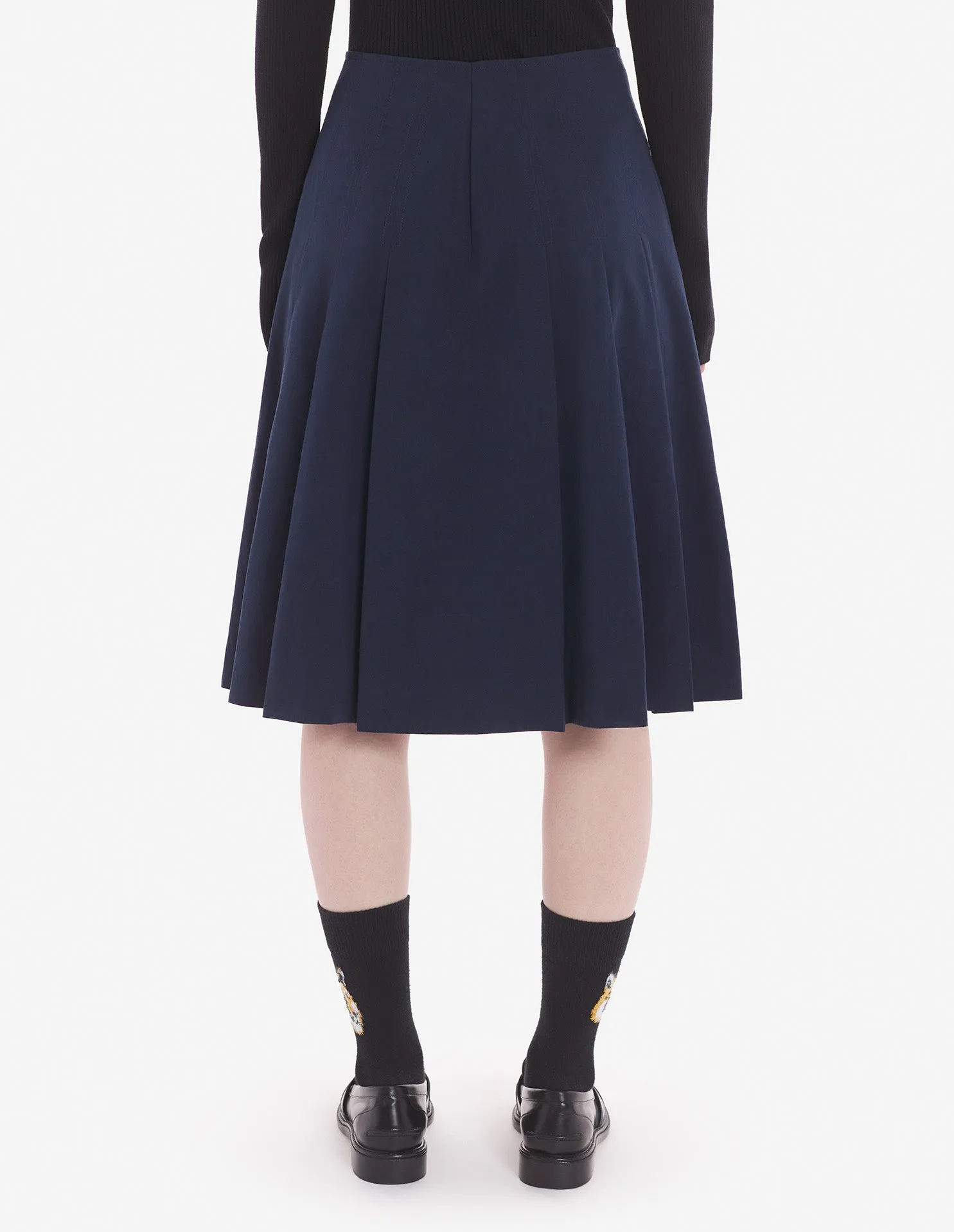 Knee Pleated Wrap Skirt In Cotton Poplin Ink Blue