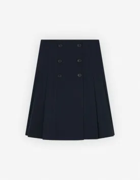 Knee Pleated Wrap Skirt In Cotton Poplin Ink Blue