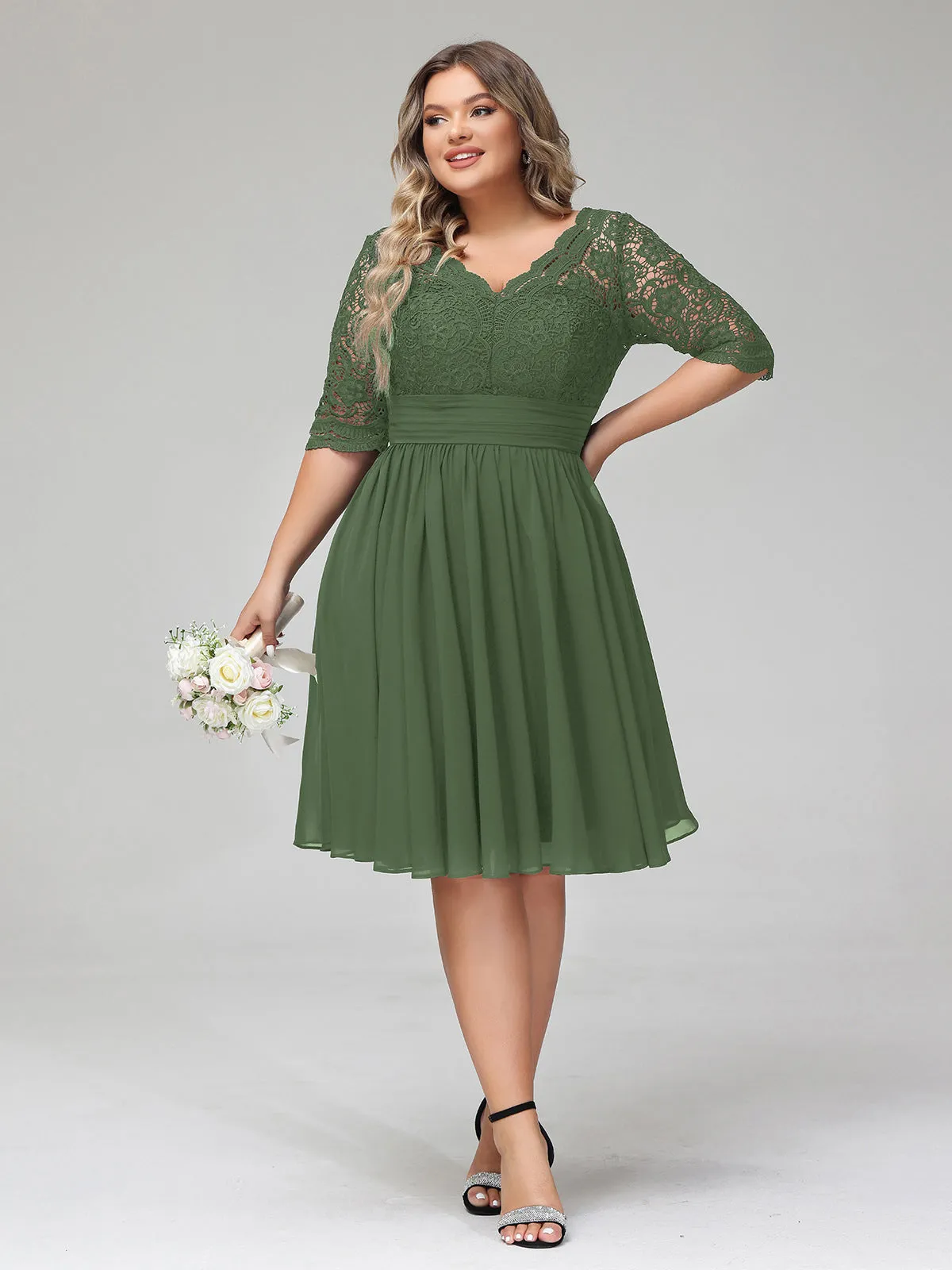 Lace and Chiffon Short Dress with Half Sleeves Olive Green