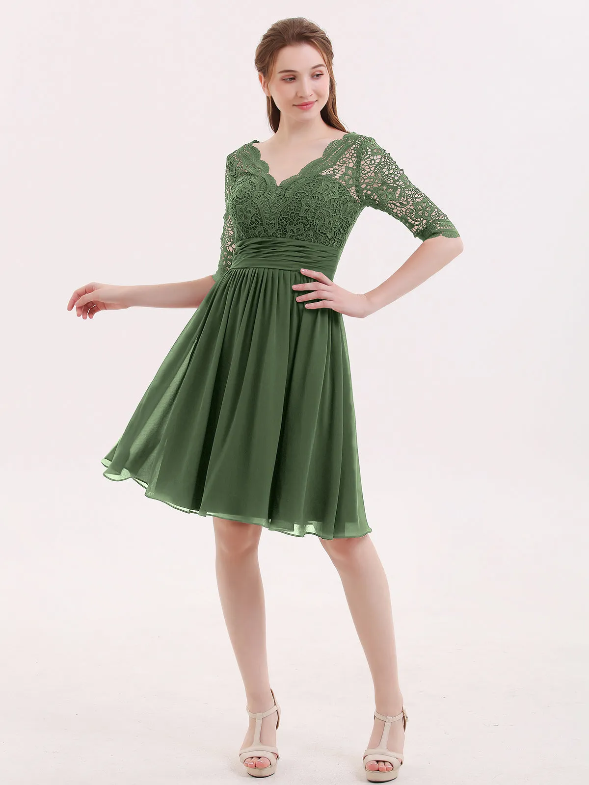 Lace and Chiffon Short Dress with Half Sleeves Olive Green