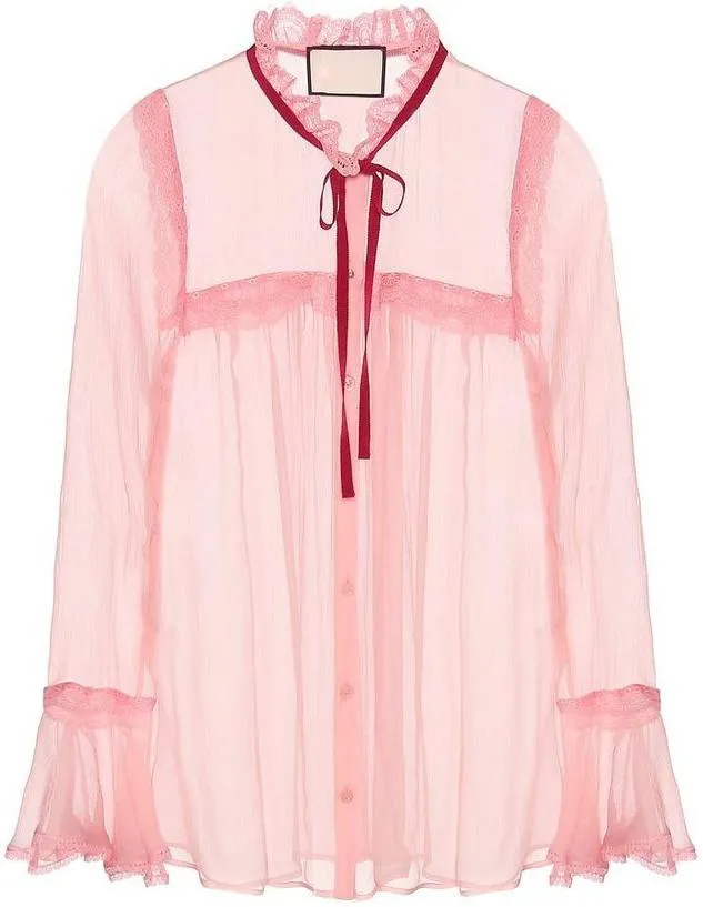 Lace-Trimmed Pink Crinkled Blouse