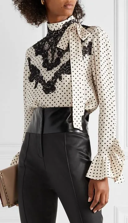 Lace-Trimmed Polka-Dot Silk-Georgette Blouse