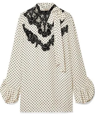 Lace-Trimmed Polka-Dot Silk-Georgette Blouse