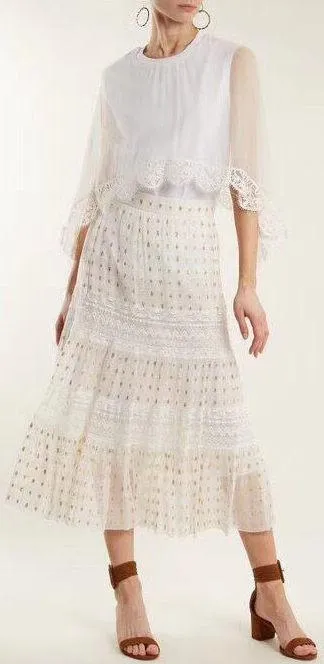 Lace Trimmed Tulle Blouse and Skirt Set