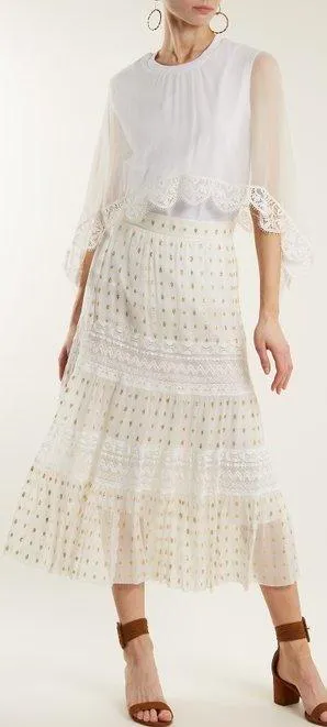 Lace Trimmed Tulle Blouse and Skirt Set