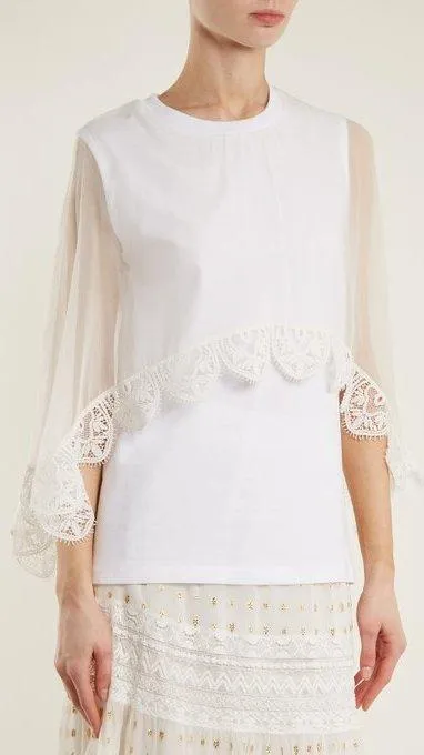 Lace Trimmed Tulle Blouse and Skirt Set