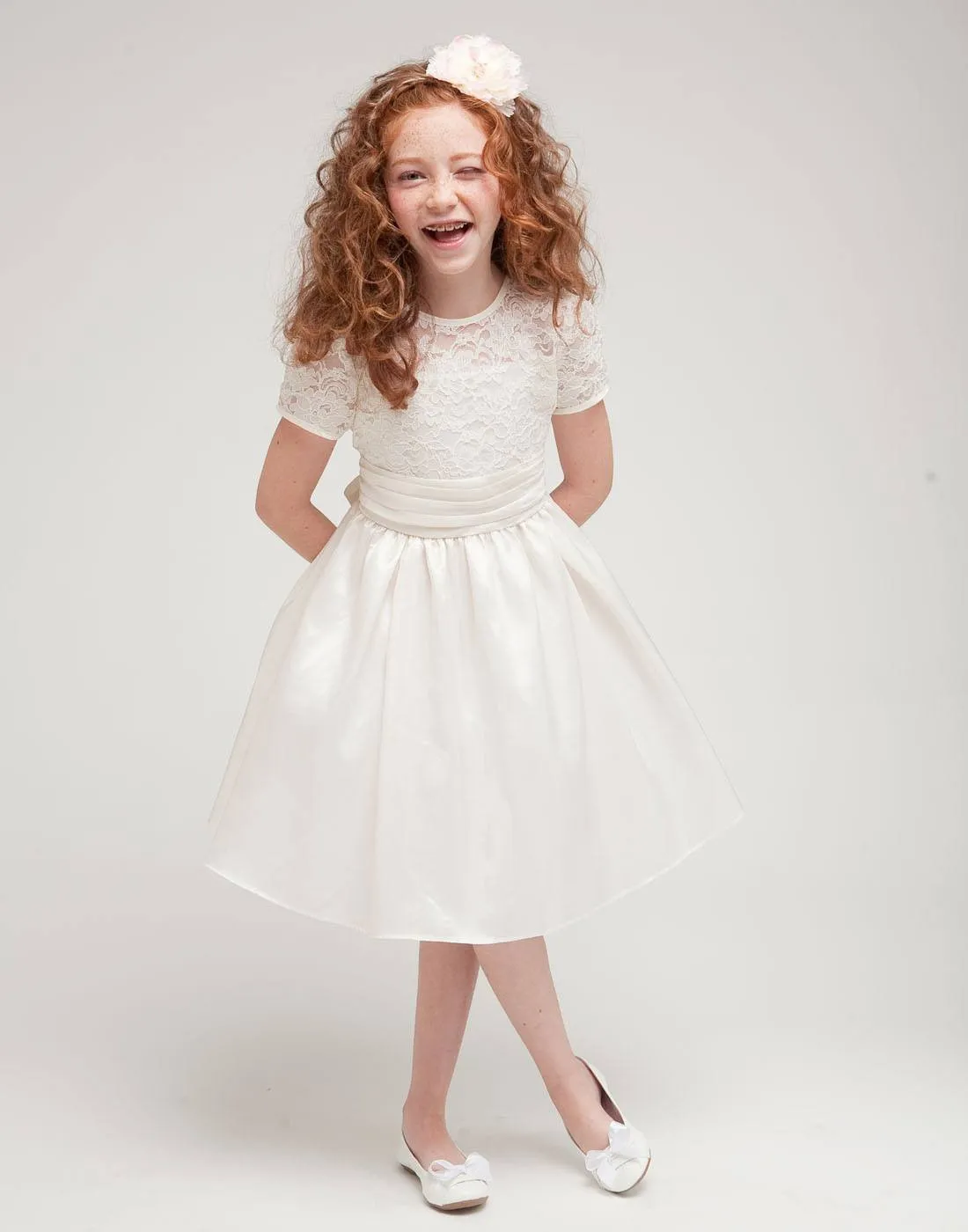 Luring Lace and Glistening Taffeta Knee length Dress - Ivory