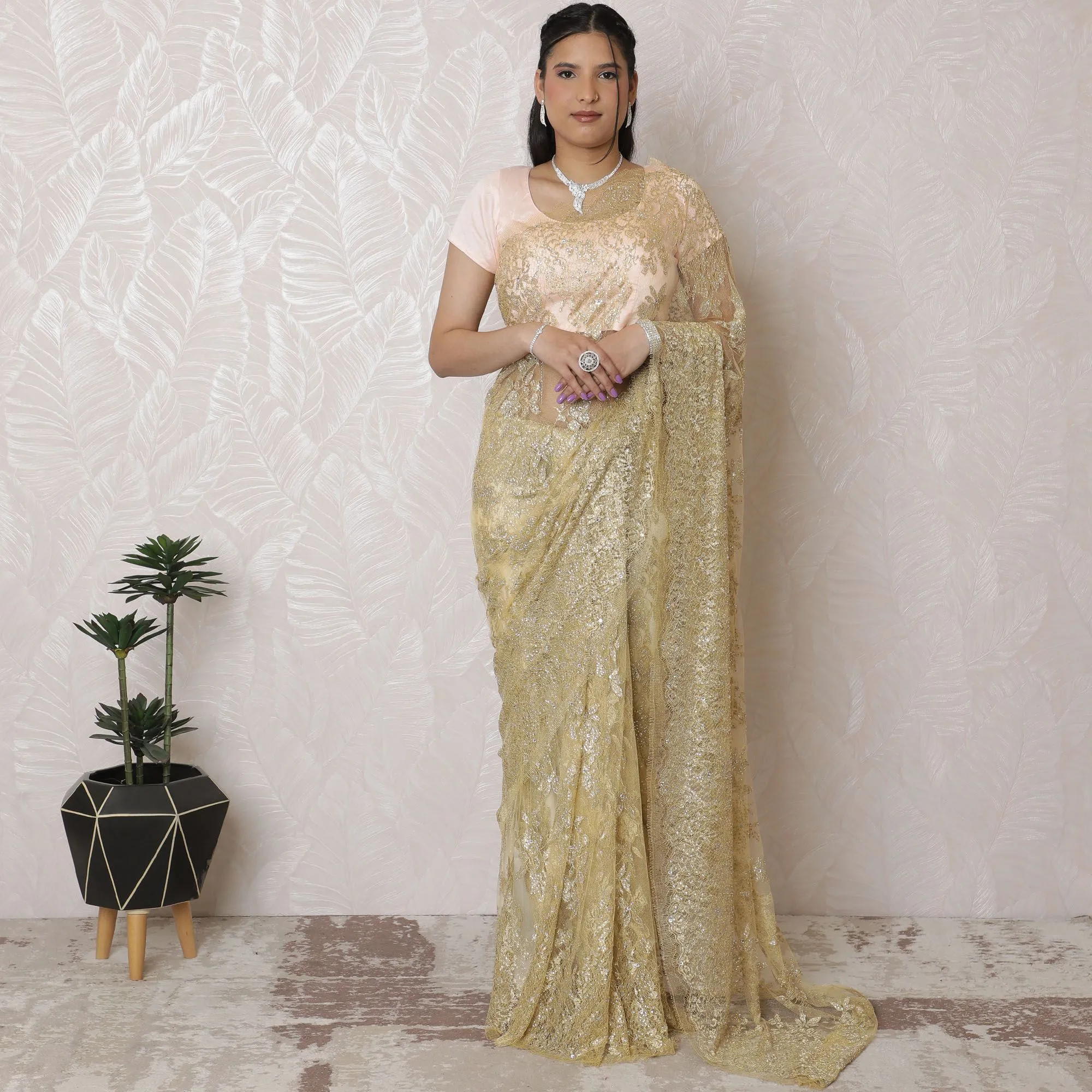 Luxury Blush & Gold Chantilly Lace Art Silk Saree - French Crafted, 110cm Width, 5.5m Length (Blouse Not Included)-D17949