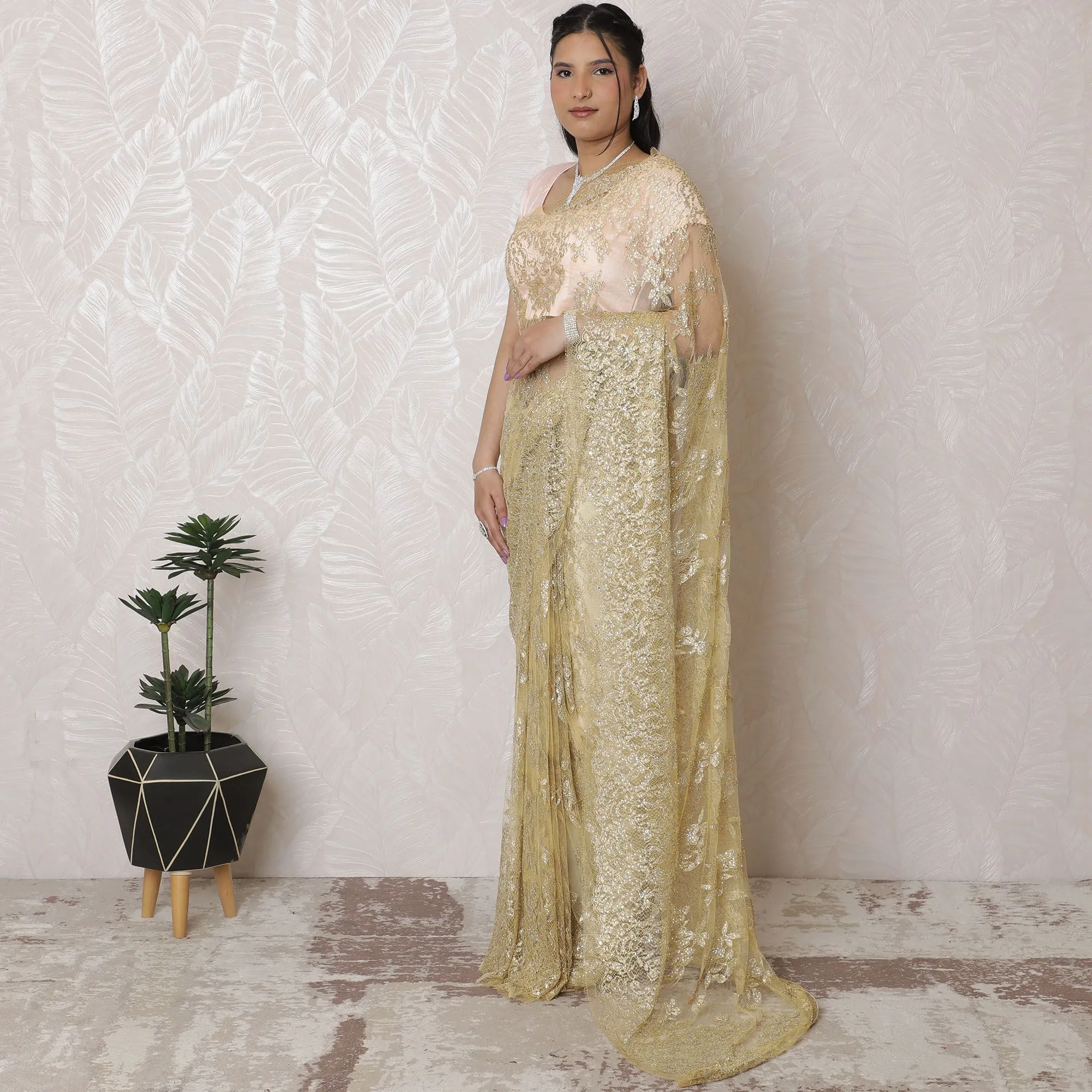 Luxury Blush & Gold Chantilly Lace Art Silk Saree - French Crafted, 110cm Width, 5.5m Length (Blouse Not Included)-D17949