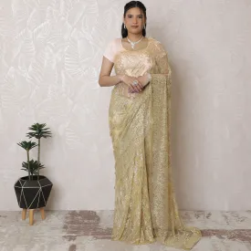 Luxury Blush & Gold Chantilly Lace Art Silk Saree - French Crafted, 110cm Width, 5.5m Length (Blouse Not Included)-D17949