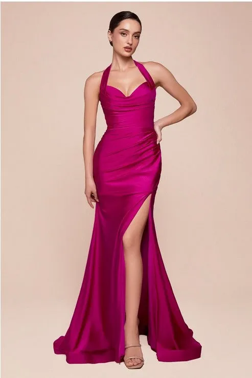 Luxury Red Stretch Satin Halter Gown