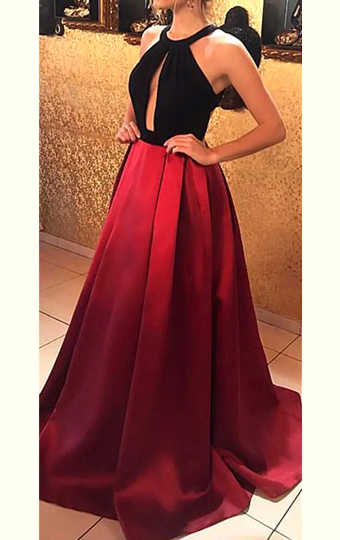 MACloth Halter Open Back Black Burgundy Long Prom Dress Satin Formal Evening Gown