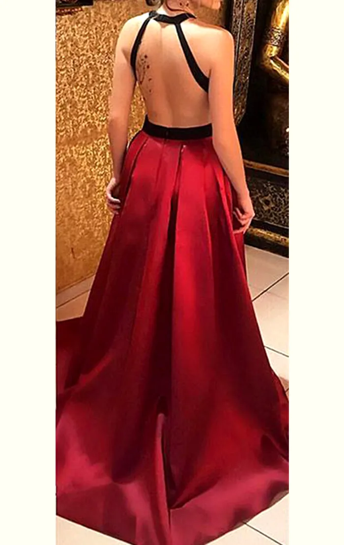 MACloth Halter Open Back Black Burgundy Long Prom Dress Satin Formal Evening Gown