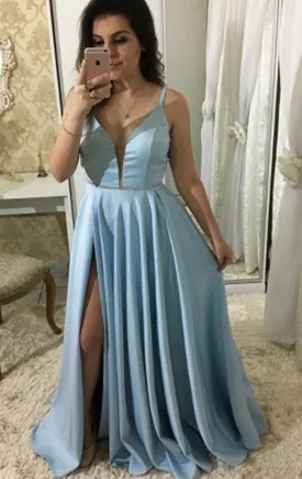 MACloth Straps Deep V Neck Long Prom Dress Sky Blue Formal Evening Gown