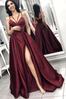 MACloth Straps V Neck Satin Long Prom Dress with Slit Burgundy Formal Evening Gown