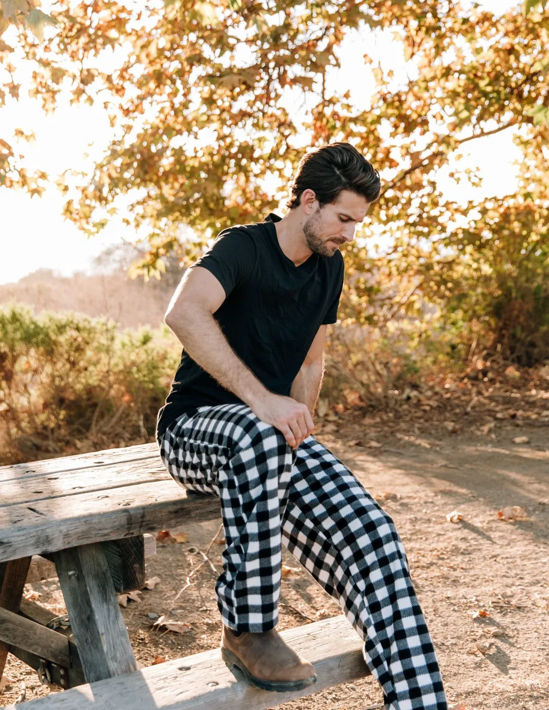 Mens Black & White Plaid Fleece Pants