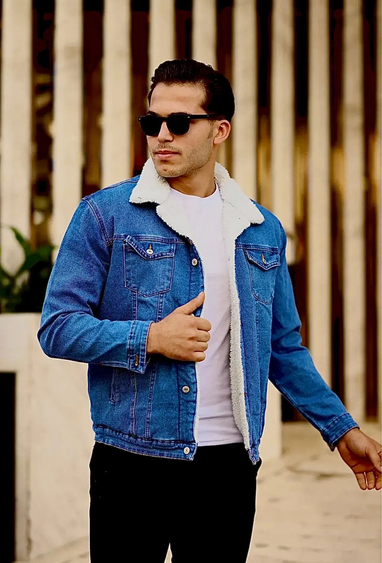 Mid Blue Denim Jacket with White Sherpa Lining