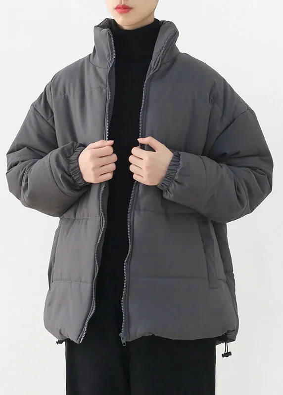 Organic Grey Stand Collar Zippered Thick Parka Winter