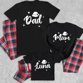 Personalised Dad, Mum & ... White Santa Hat- Family Matching Christmas Pyjamas - Top & Tartan PJ Bottoms - (Sold Separately)