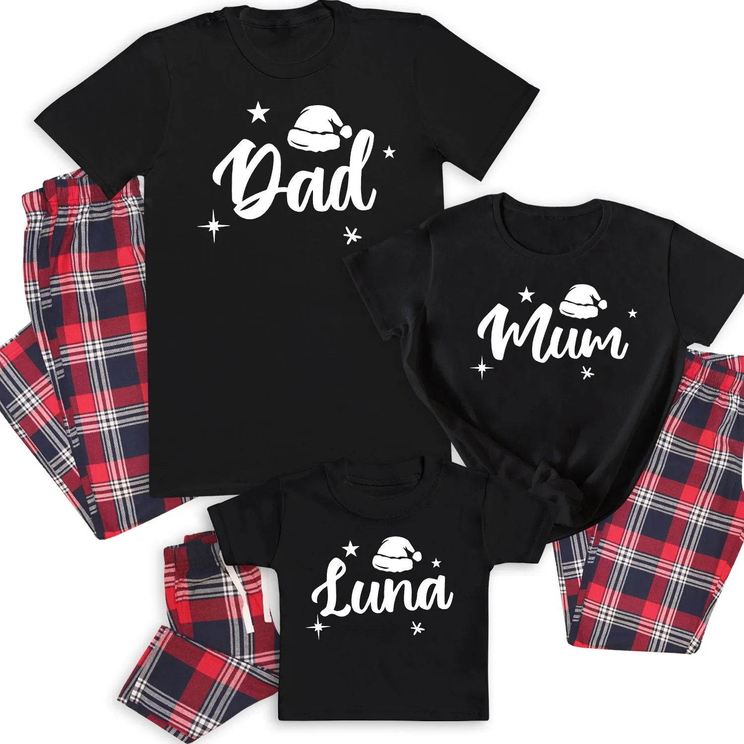 Personalised Dad, Mum & ... White Santa Hat- Family Matching Christmas Pyjamas - Top & Tartan PJ Bottoms - (Sold Separately)