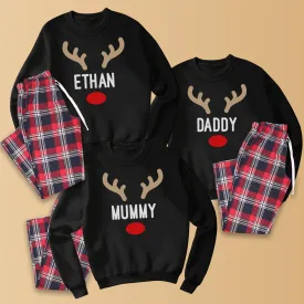 PERSONALISED Name Reindeer - Family Matching Christmas Pyjamas - Sweater & Tartan PJ Bottoms - (Sold Separately)