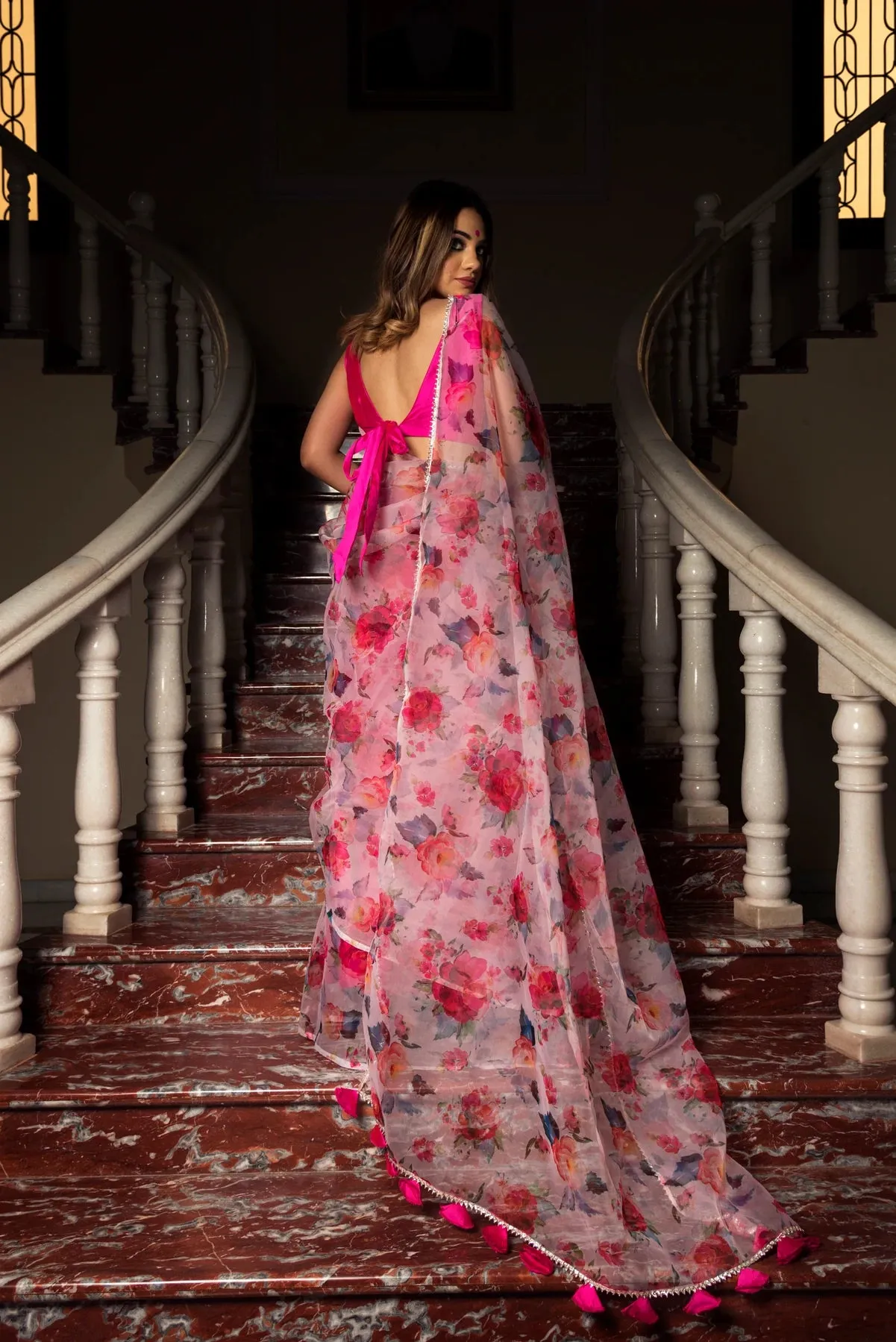 Pink Organza Printed Saree with Taffeta Blouse