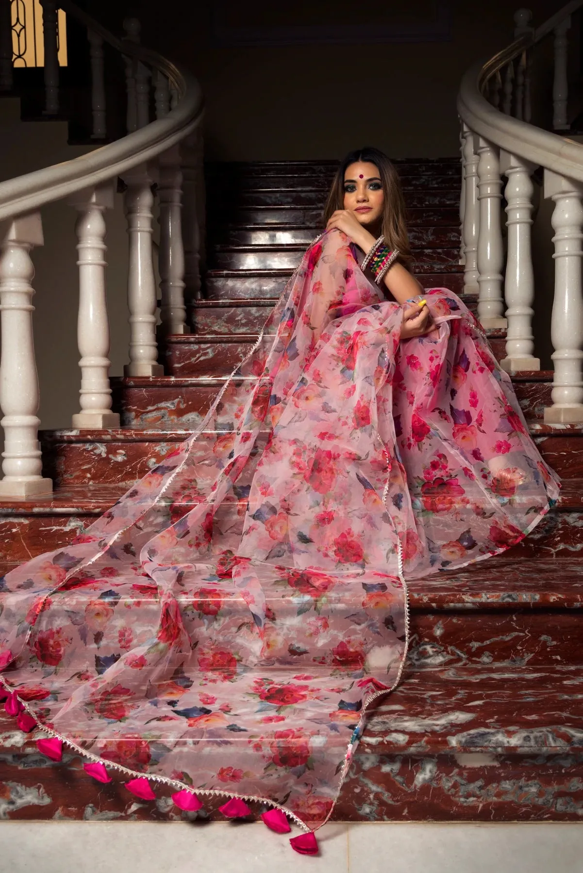 Pink Organza Printed Saree with Taffeta Blouse