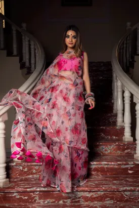 Pink Organza Printed Saree with Taffeta Blouse