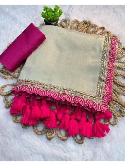 Pink Tissue Silk Saree with Lace Border