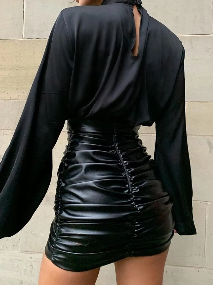 Pleated Leather Skirt Set