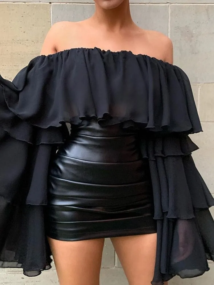 Pleated Leather Skirt Set