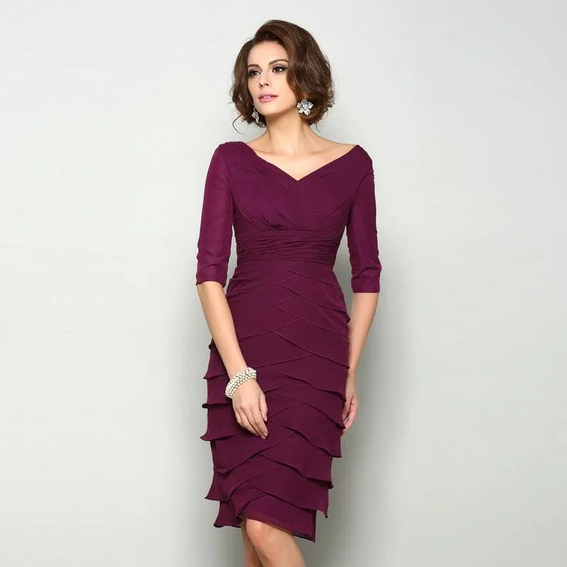 Plum Chiffon V-Neck Mother of Bride Dress - Short Style