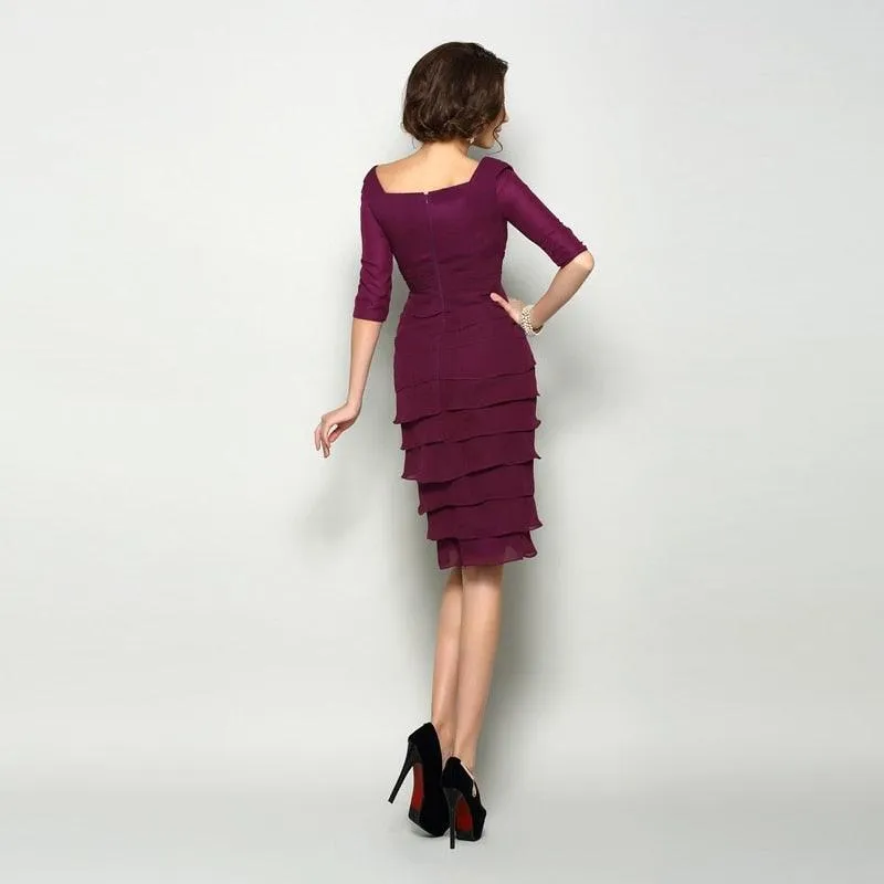 Plum Chiffon V-Neck Mother of Bride Dress - Short Style