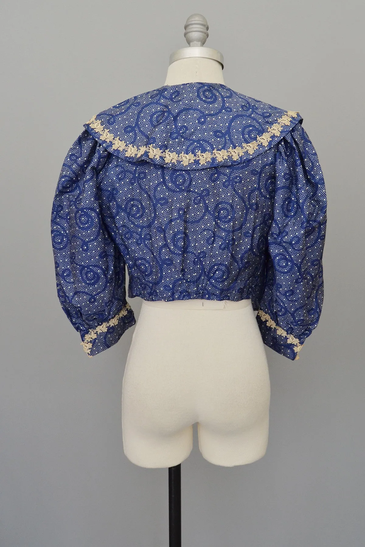 RESERVED on layaway Victorian Era Indigo Blue Swirly Print Bodice