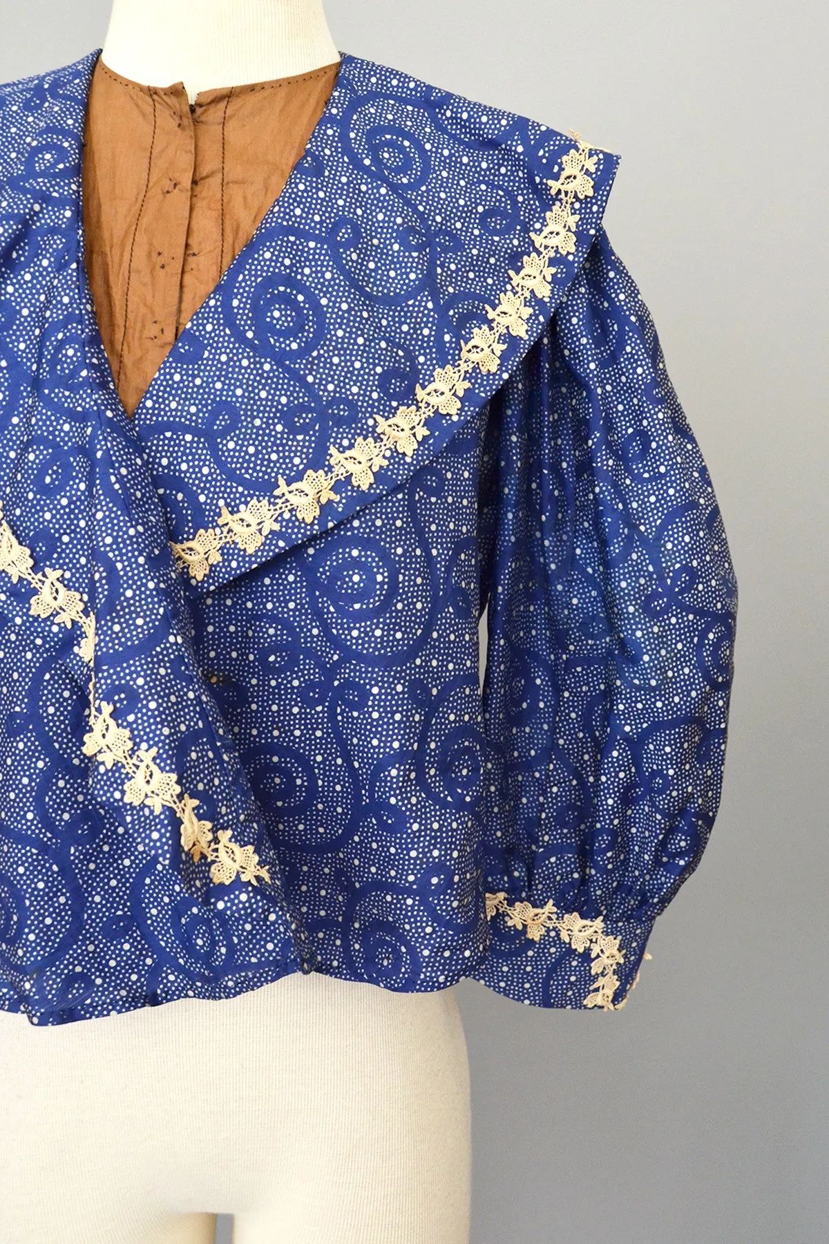 RESERVED on layaway Victorian Era Indigo Blue Swirly Print Bodice