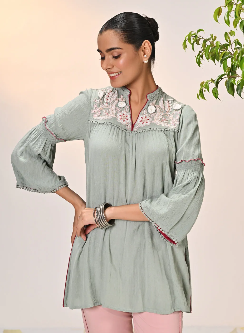 Rifa Basil Green Embroidered Crinkled Crepe Top for Women