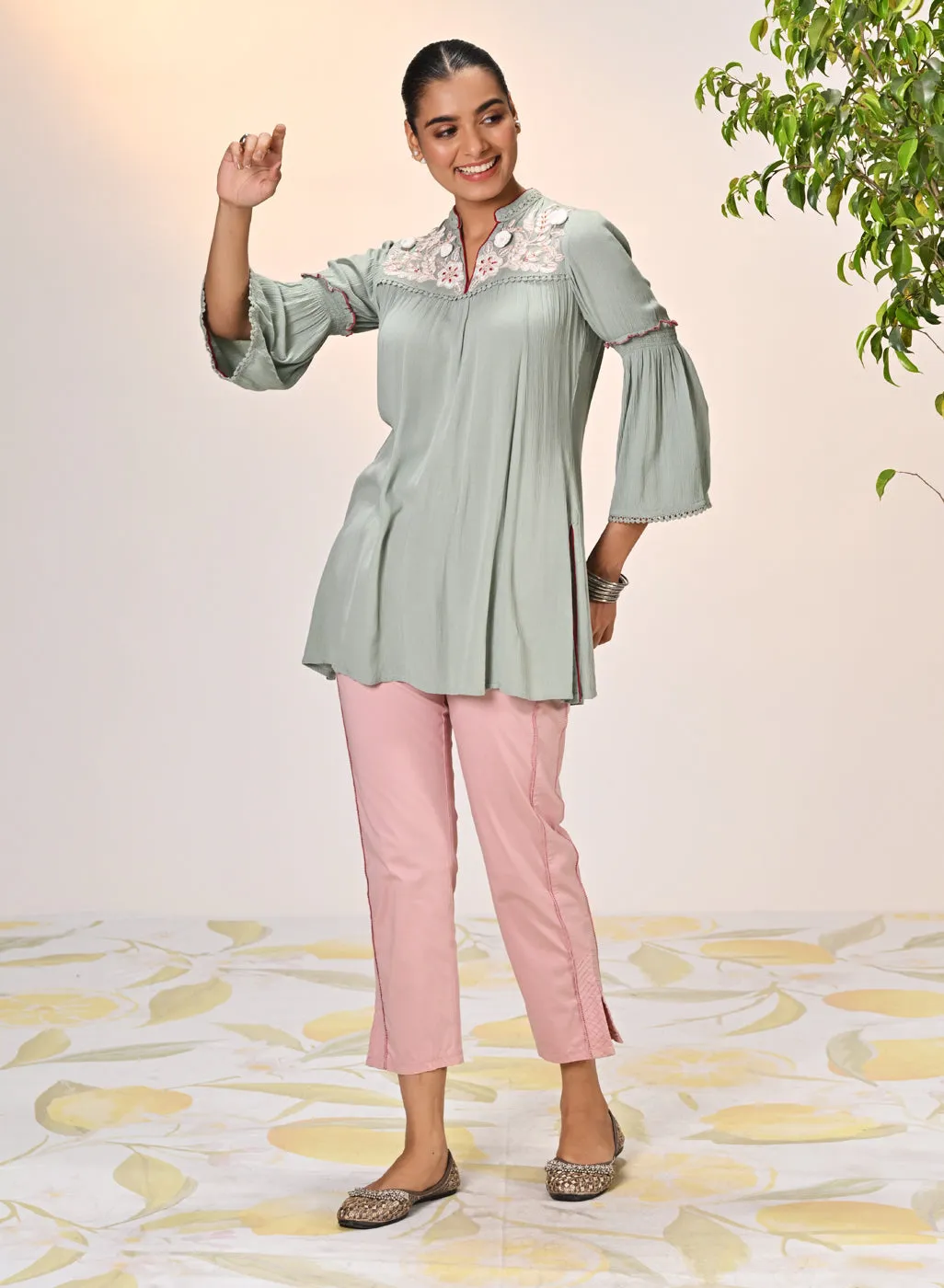 Rifa Basil Green Embroidered Crinkled Crepe Top for Women