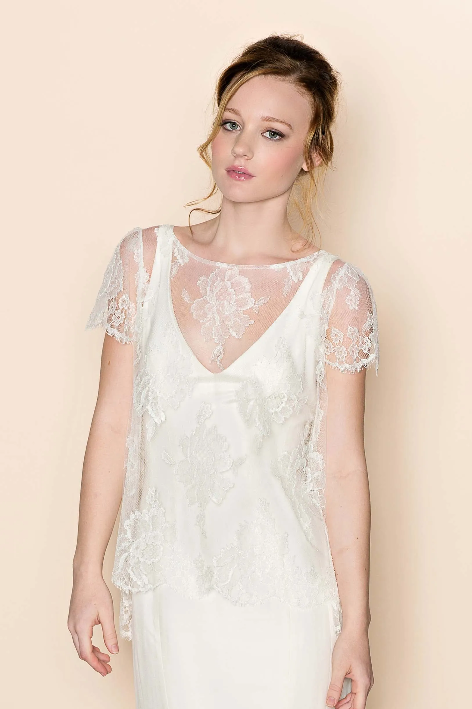 Roseline French lace cape blouse tee top in Ivory