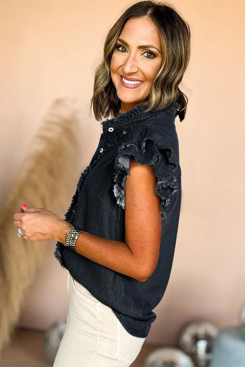 Ruffled Black Frayed Denim Top