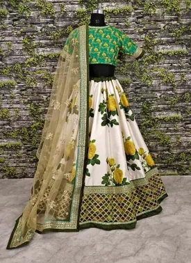 Sea Green Blouse With Printed Lehenga Choli