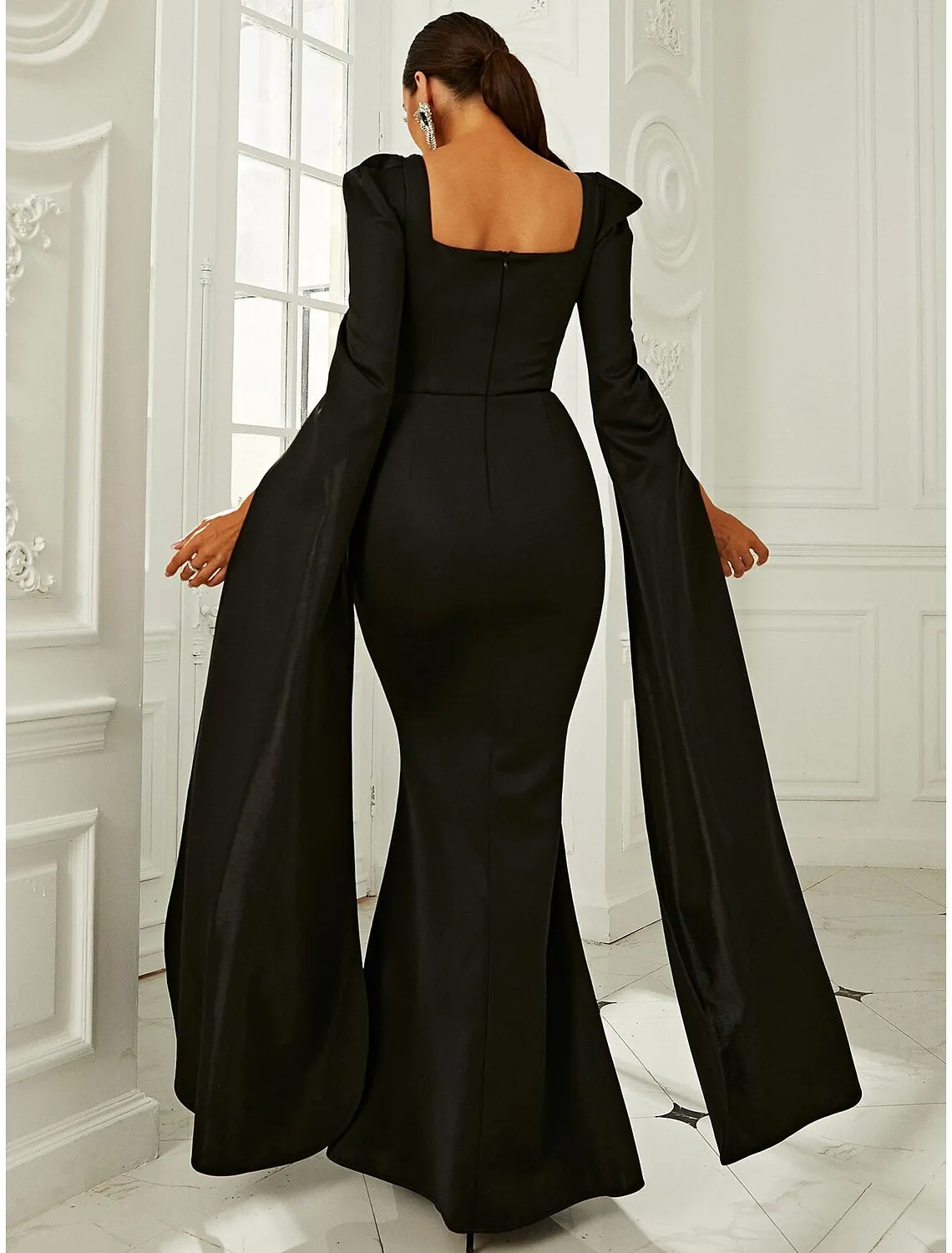 Sheath / Column Evening Gown Elegant Dress Formal Fall Floor Length Long Sleeve Square Neck Stretch Fabric with Pleats