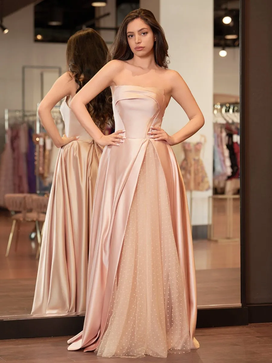 Sleeveless Satin A-Line Floor-Length Evening Gown Slit with Tulle Strapless Prom Dress