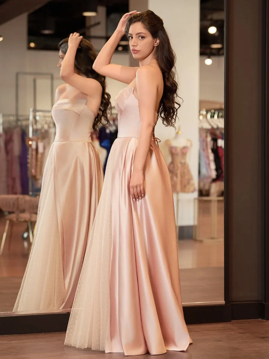 Sleeveless Satin A-Line Floor-Length Evening Gown Slit with Tulle Strapless Prom Dress