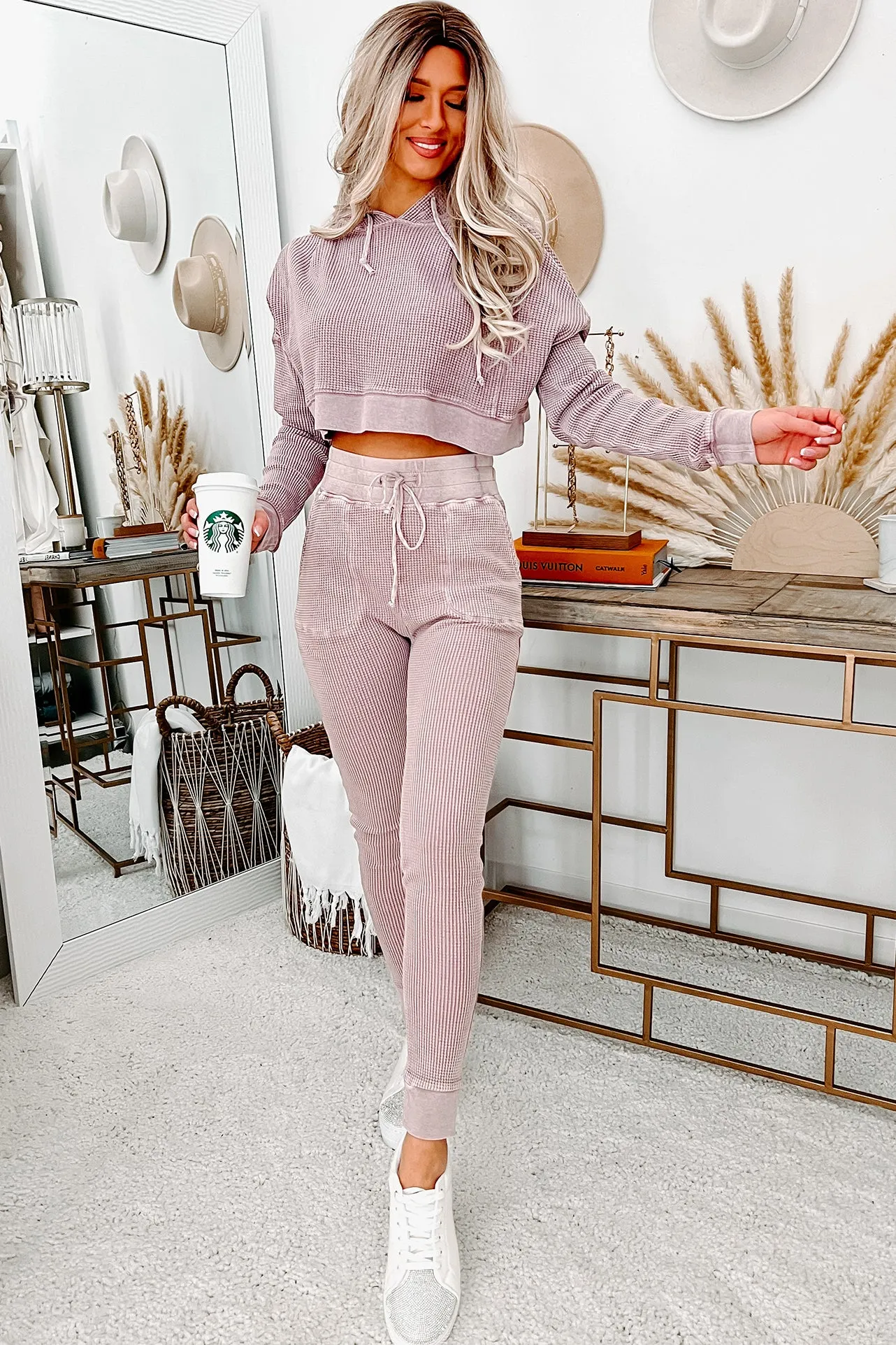 Snooze & Snuggle Thermal Knit Cropped Hoodie (Dusty Pink)